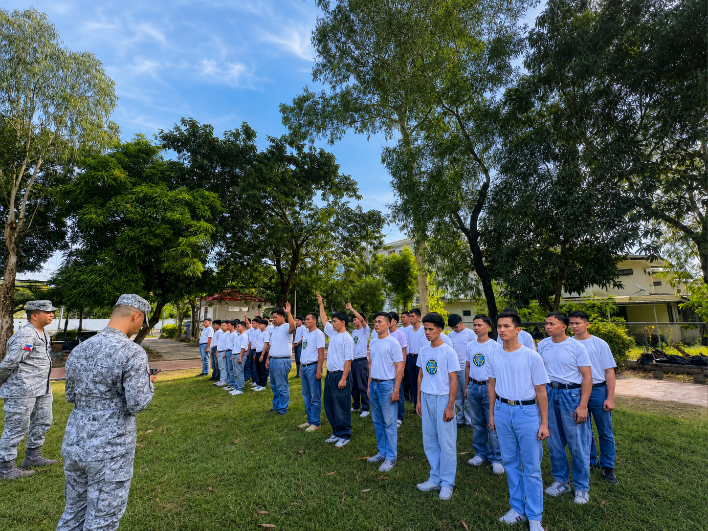 Lacson College criminology students in outdoor formation with an instructor