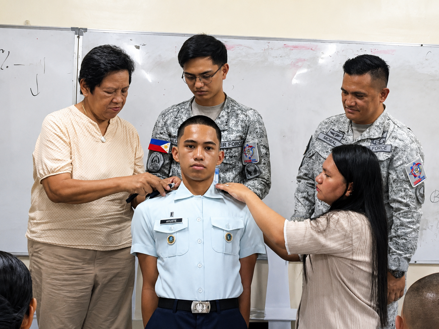 Lacson College criminology student standing with faculty and uniformed mentors during formation